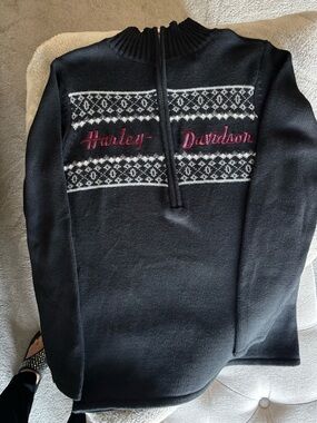 Harley-Davidson Black Zip-Front Sweater with White Fair Isle and Red Script